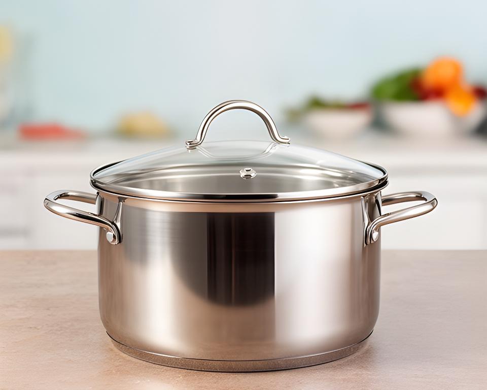 Olla de acero inoxidable de 24 cm sobre una mesada de cocina con tapa de vidrio y reflejos suaves