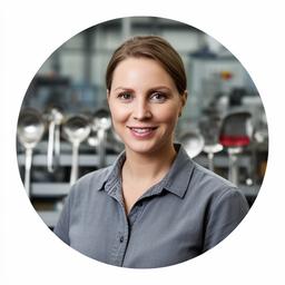 María Silva en área de producción revisando utensilios de cocina dentro de la planta