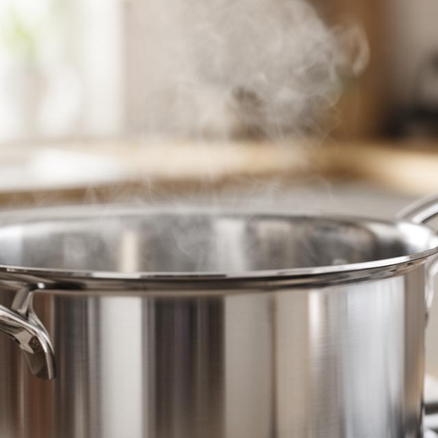 Primer plano de olla de acero pulido con vapor suave y luz natural de cocina