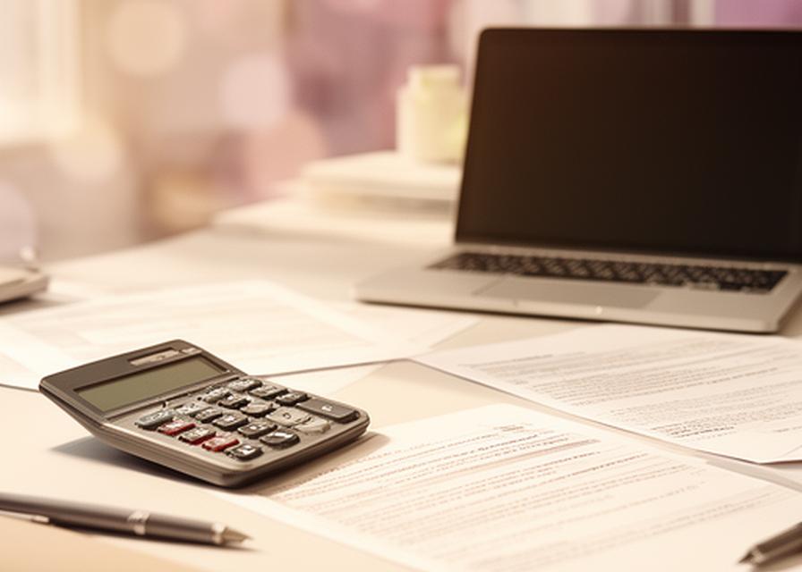 Documentación legal sobre una mesa de trabajo cálida, con una calculadora y una notebook en un entorno de oficina ordenado
