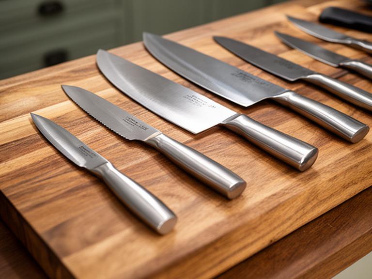 Set de cuchillos profesionales sobre tabla de madera, con fondo de cocina prolija