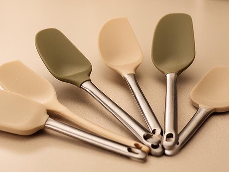 Espátulas de silicona resistentes al calor apoyadas junto a utensilios de cocina color neutro