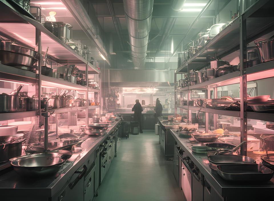 Gran plano de cocina industrial con utensilios ordenados, estantes metálicos y ambiente de trabajo activo