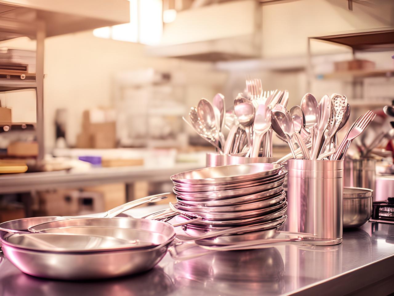 Cocina profesional luminosa con utensilios de acero y sartenes apiladas, mostrando orden y producción argentina