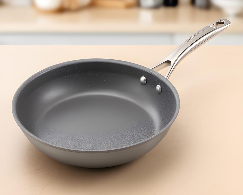 Sartén antiadherente de 28 cm con mango ergonómico apoyada sobre una mesa clara