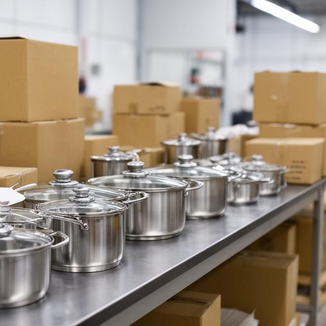 Distribución de utensilios sobre mostrador con cajas listas para despacho y embalaje ordenado