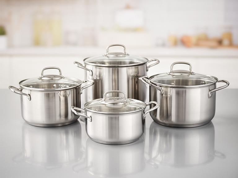 Batería de cocina de siete piezas ordenada en una mesada brillante, lista para exhibición comercial