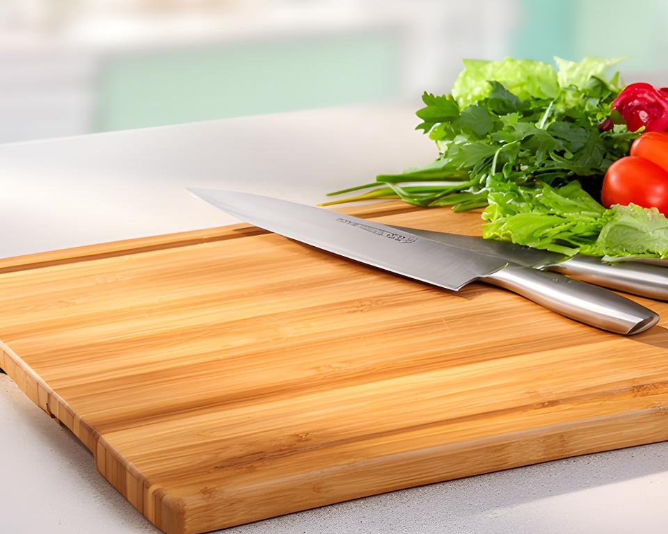 Tabla de picar de bambú con vetas naturales junto a cuchillo y vegetales frescos en cocina luminosa