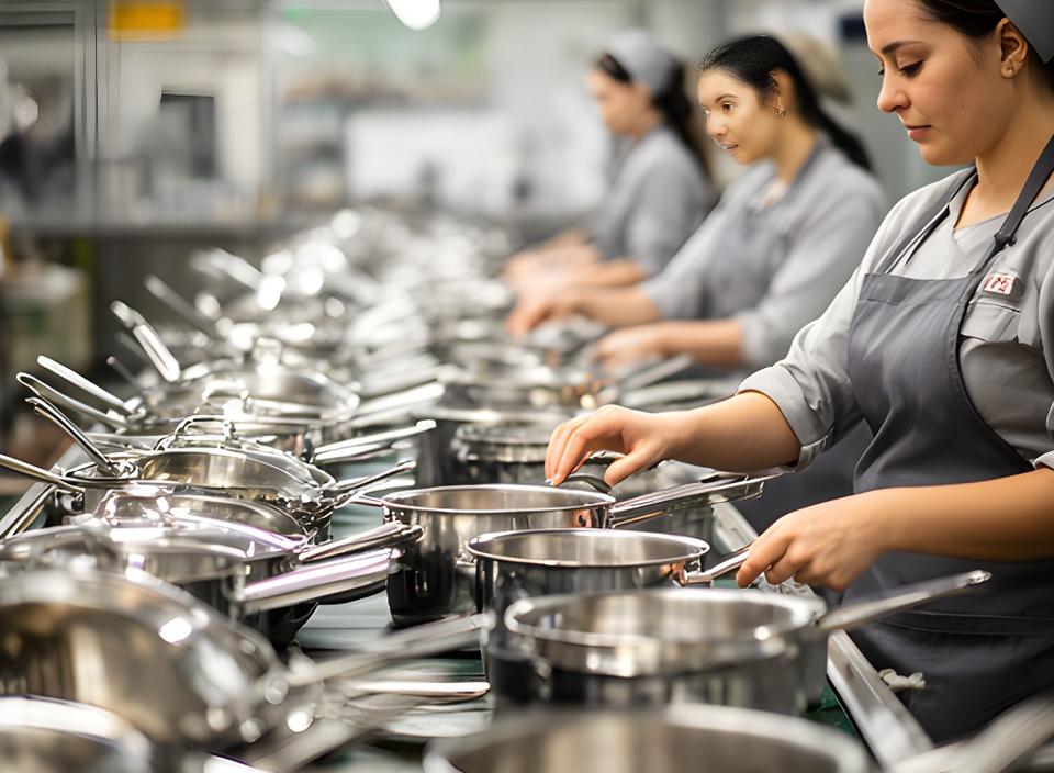 Operaria revisando utensilios de cocina en una línea de producción luminosa en Barranqueras